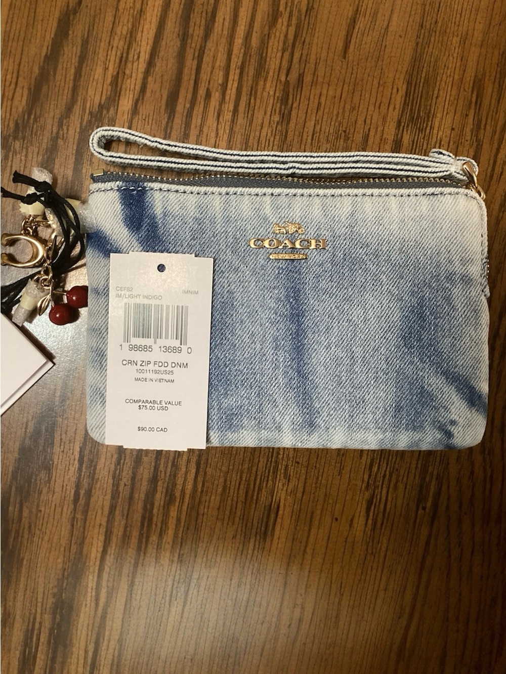 Coach Corner Zip Wristlet in Loved Denim With Charms🍒 NWT